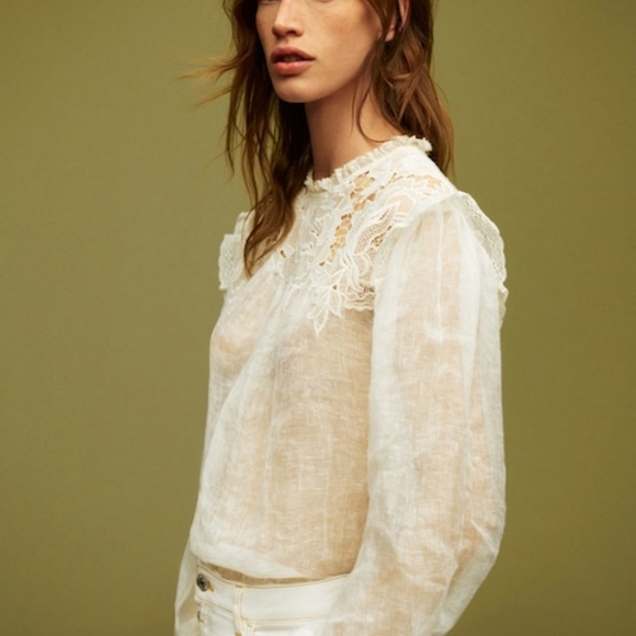 MANGO NIEVES LINEN BLEND SHEER BLOUSE TOP S/M - Picture 3 of 6